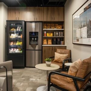 cozy dim breakroom with a smart cooler and coffee service