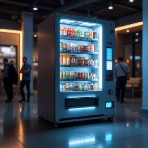 Modern vending machine stocked with snacks and beverages