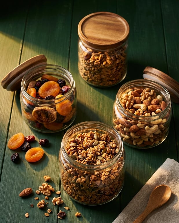 Premium pantry items in glass jars arranged on dark green surface