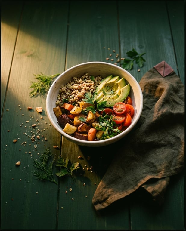 Fresh grain bowl with colorful vegetables on dark green surface