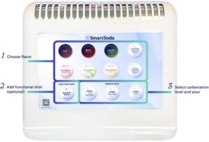SmartSoda Juli touchscreen dispenser showing flavor options, vitamin shot function, and carbonation selection for office alkaline water service.