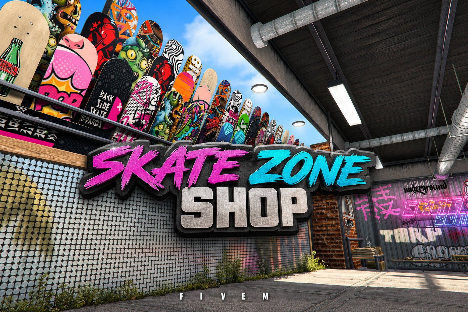 FIVEM Skate Zone Shop | Skate Park & Retail MLO | Interior & Exterior | Skate Ramps | Clothing & Bikes | Custom Props | Add-On | Optimized | Fivem Ready | High Quality