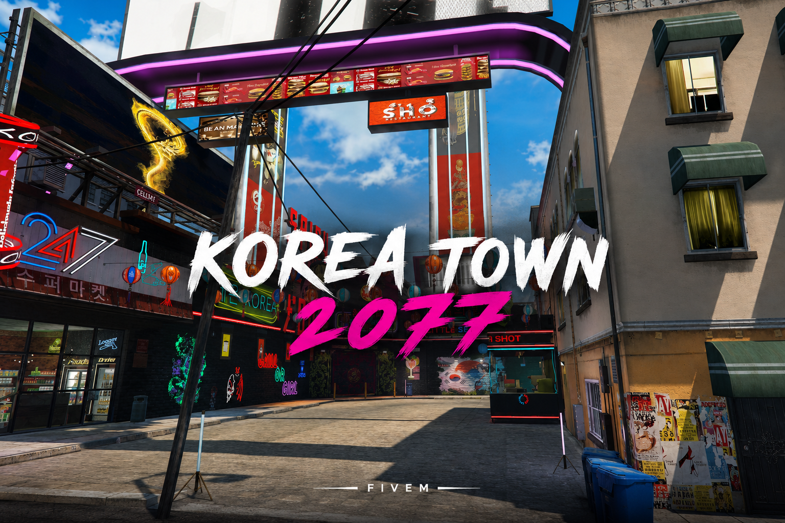 FIVEM Korea Town 2077 | Vibrant Cyberpunk District MLO | Multiple Interiors & Exteriors | Neon Lights | Custom Props | Add-On | Optimized | Fivem Ready | High Quality