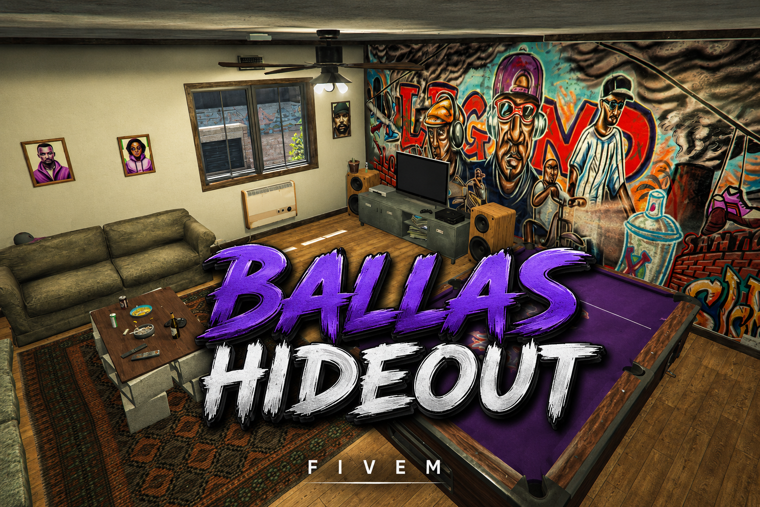 FIVEM Ballas Hideout | Custom Gang Hideout MLO | Interior & Exterior | Custom Props | Graffiti Art | Pool Table | Add-On | Optimized | Fivem Ready | High Quality