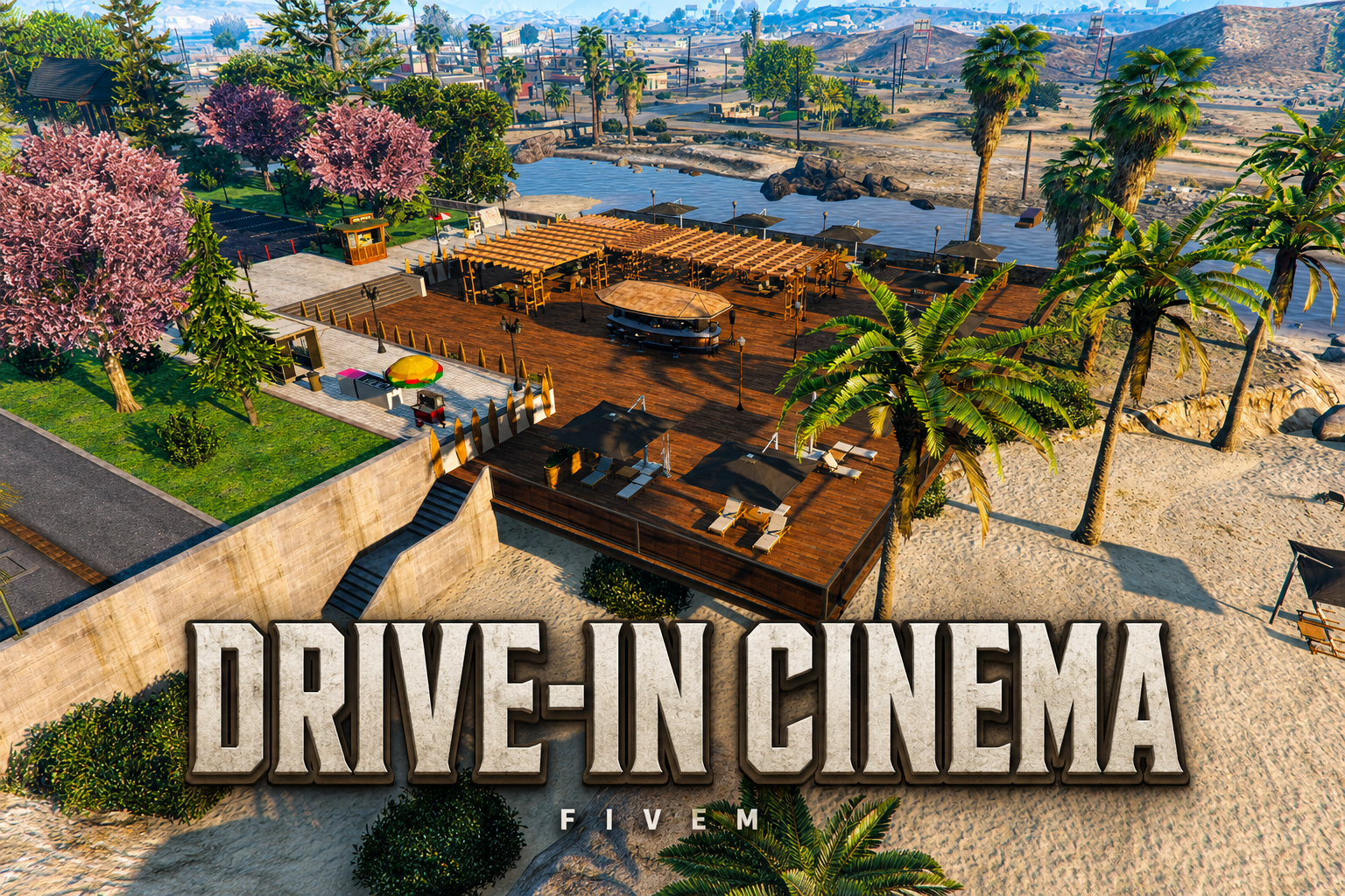 FIVEM Drive In Cinema | Waterfront Entertainment MLO | Outdoor Cinema Screen | Beach Bar & Lounge | Parking Area | Add-On | Optimized | Fivem Ready | High Quality