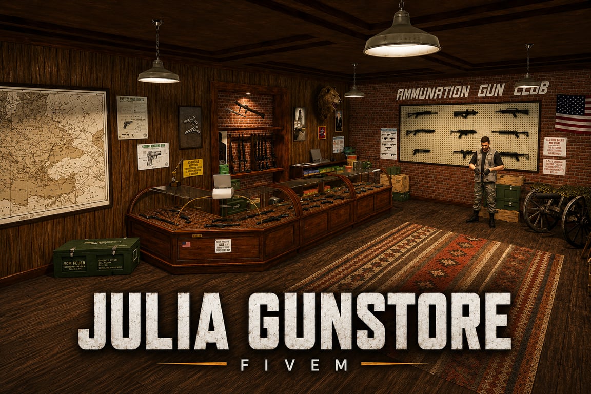 FIVEM Julia Gunstore | Custom Ammunation MLO | Interior & Exterior | Weapon Displays | Custom Props | Add-On | Optimized | Fivem Ready | High Quality