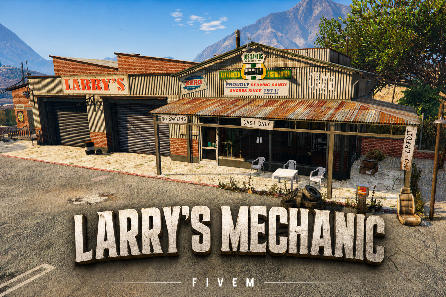 FIVEM Larry's Mechanic | Desert Mechanic Shop MLO | Interior & Exterior | Waiting Area | Office Space | Garage Bays | Add-On | Optimized | Fivem Ready | High Quality