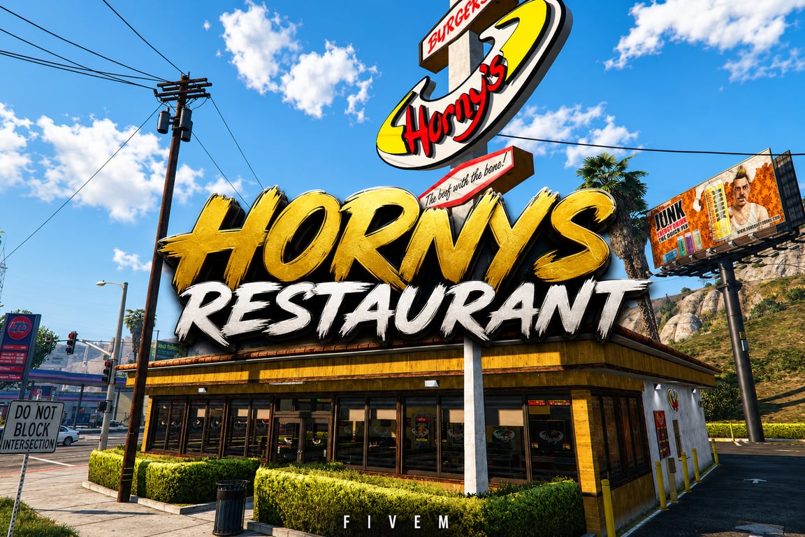 FIVEM Hornys Restaurant | Fast Food Dining MLO | Interior & Exterior | Full Kitchen | Dining Area | Office Space | Drive-Thru | Add-On | Optimized | Fivem Ready | High Quality