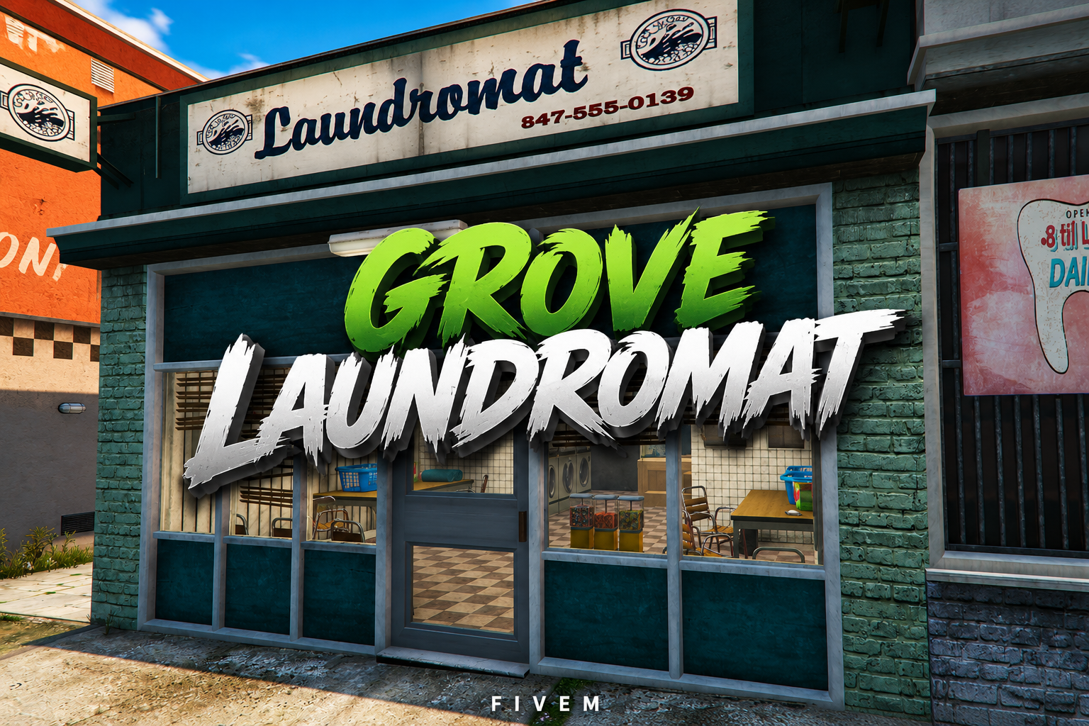 FIVEM Grove Laundromat | Functional Business MLO | Interior & Exterior | Working Machines | Custom Props | Add-On | Optimized | Fivem Ready | High Quality