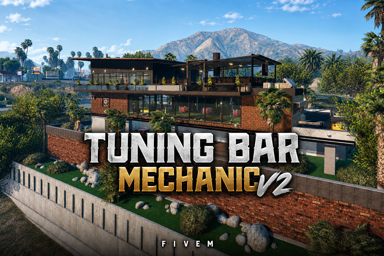 FIVEM Tuning Bar Mechanic V2 | Modern Mechanic Shop & Bar MLO | Interior & Exterior | Rooftop Lounge | Custom Office | Add-On | Optimized | Fivem Ready | High Quality