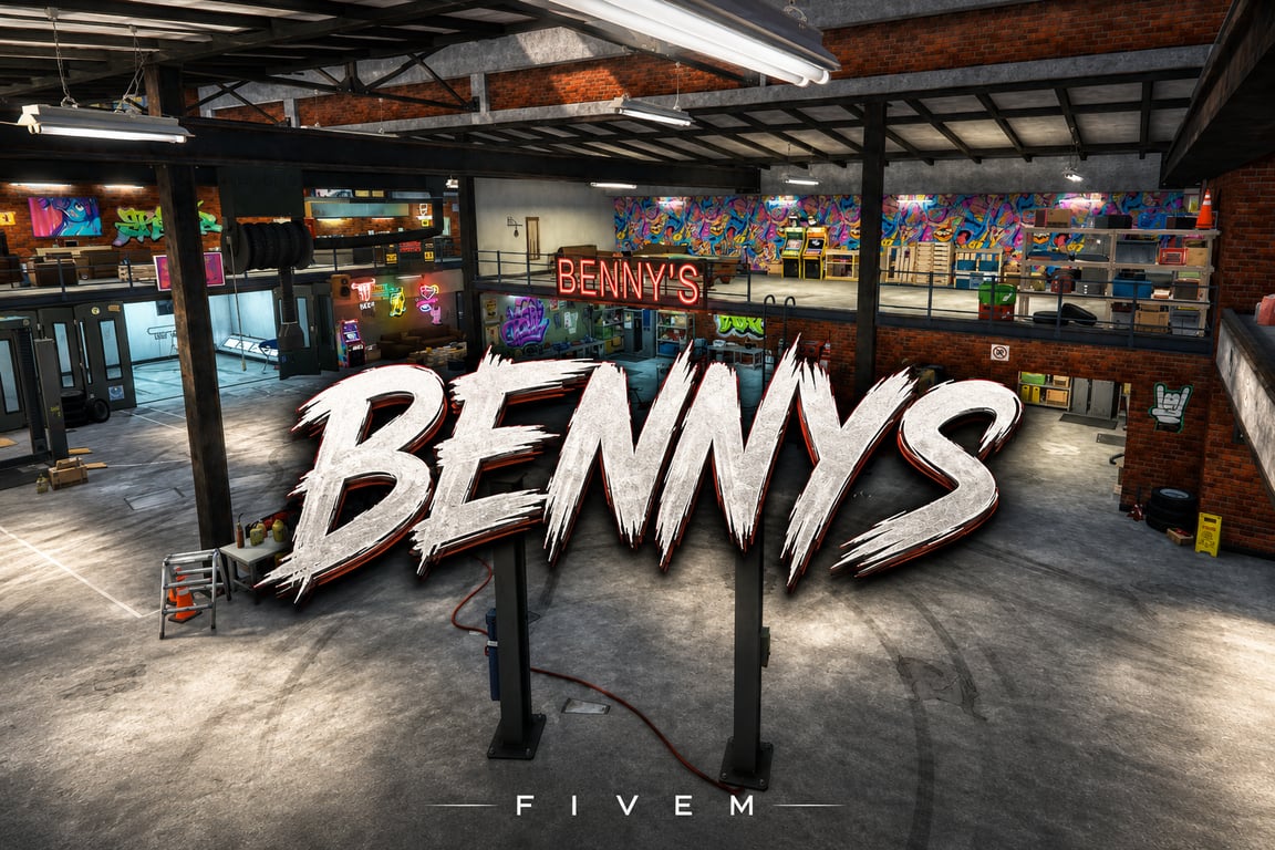 FIVEM Bennys | Iconic Mechanic Shop MLO | Interior & Exterior | Paint Booth | Lounge Area | Custom Props | Add-On | Optimized | Fivem Ready | High Quality