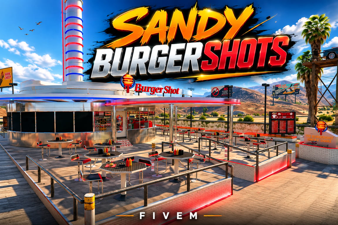 FIVEM Sandy Burgershots | Retro Diner MLO | Interior & Exterior | Custom Props | Add-On | Optimized | Fivem Ready | High Quality