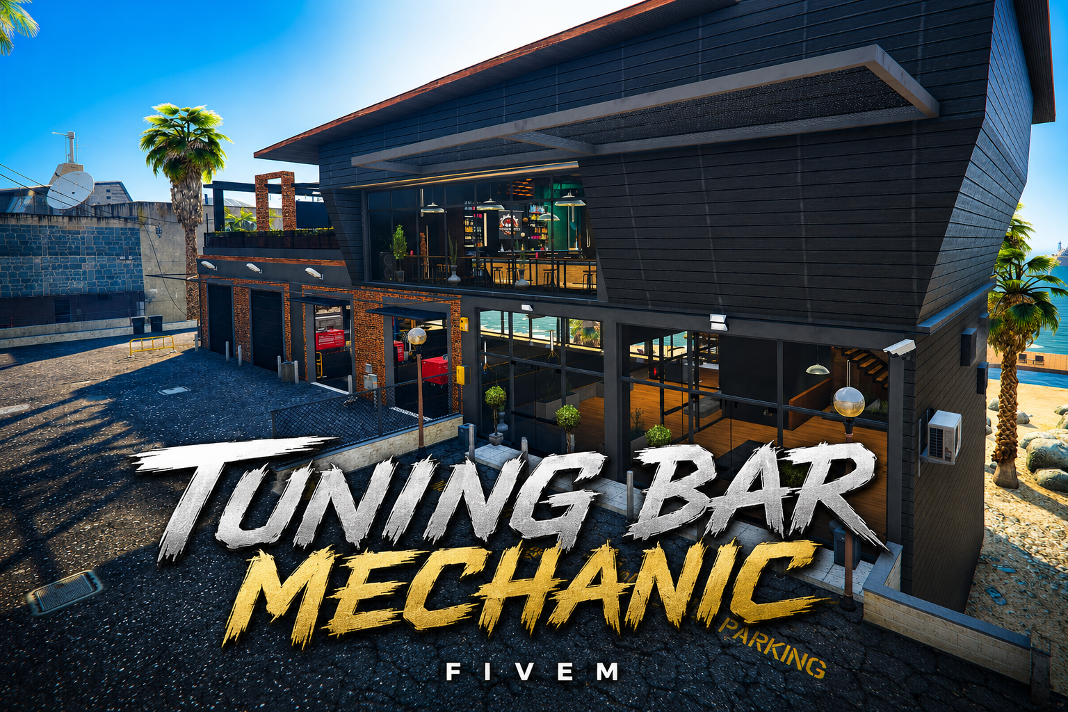 FIVEM Tuning Bar Mechanic | Modern Garage & Restaurant MLO | Interior & Exterior | Rooftop Terrace | Custom Props | Add-On | Optimized | Fivem Ready | High Quality