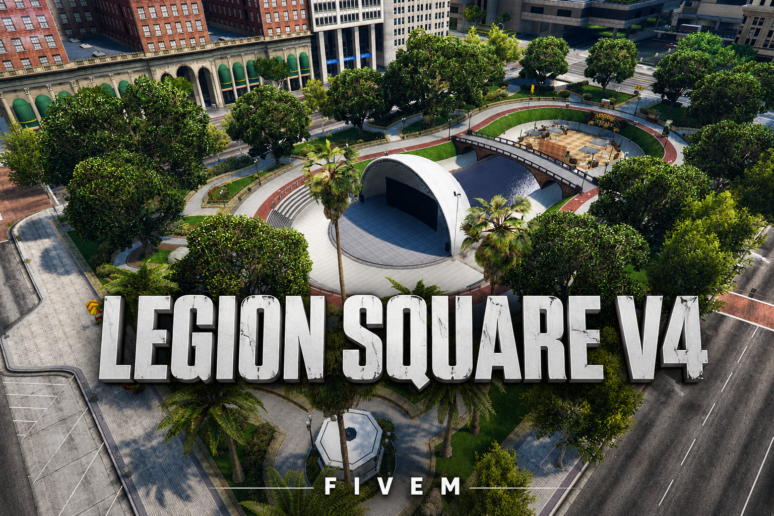FIVEM Legion Square V4 | Revitalized Public Space MLO | Amphitheater | Seating Areas | Food Stalls | Water Features | Add-On | Optimized | Fivem Ready | High Quality