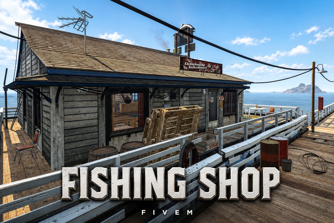 FIVEM Fishing Shop | Rustic Waterfront MLO | Interior & Exterior | Fishing Gear | Cafe Area | Add-On | Optimized | Fivem Ready | High Quality