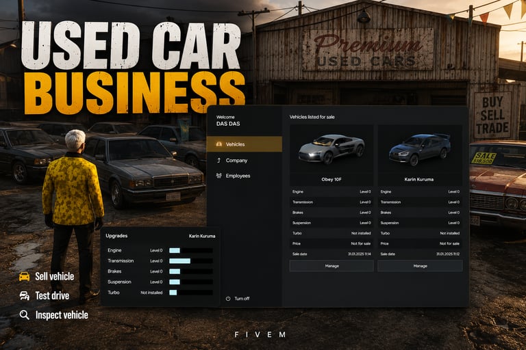 FIVEM Used Car Business, Comprehensive Dealership Script