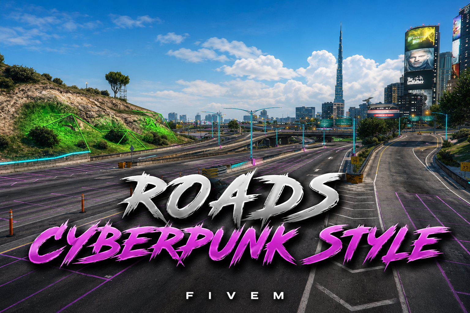 FIVEM Roads Cyberpunk Style | Futuristic Map Enhancement | Custom Textures | Neon Lighting | Environment Overhaul | Add-On | Optimized | Fivem Ready | High Quality