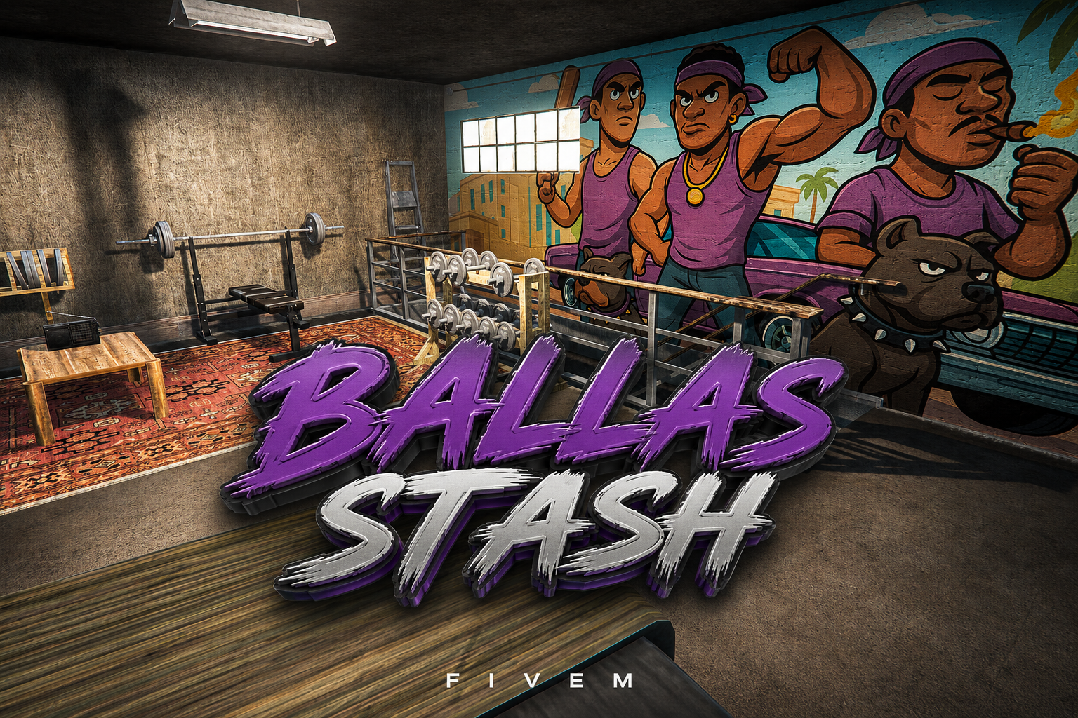 FIVEM Ballas Stash | Gang Hideout MLO | Gym & Bar | Storage Area | Lore-Friendly Mural | Add-On | Optimized | Fivem Ready | High Quality