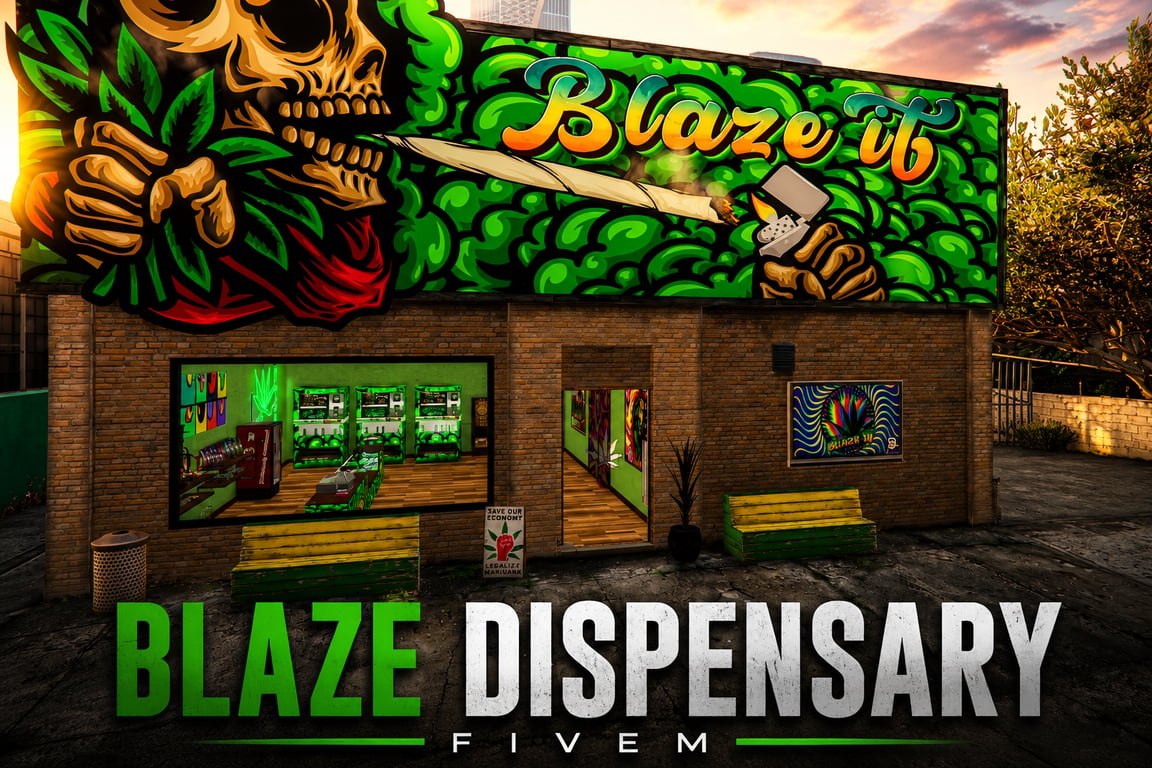 FIVEM Blaze Dispensary | Immersive Cannabis Dispensary MLO | Interior & Exterior | Rooftop Lounge | Grow Room | Office | Add-On | Optimized | Fivem Ready | High Quality