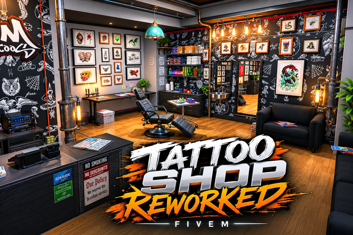 FIVEM Tattoo Shop Reworked | Modern Tattoo Parlor MLO | Interior & Exterior | Custom Props | Optimized | Add-On | Fivem Ready | High Quality