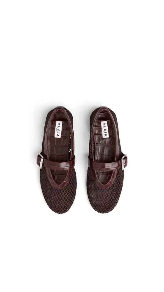 BALLERINES EN RÉSILLE ET CUIR EMBOSSÉ CROCODILE