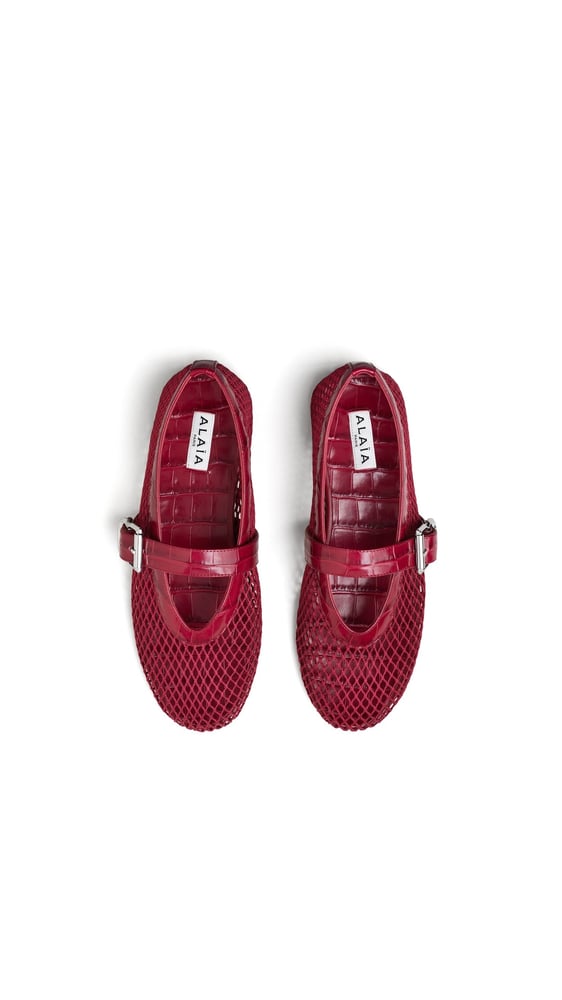 BALLERINES EN RÉSILLE ET CUIR EMBOSSÉ CROCODILE