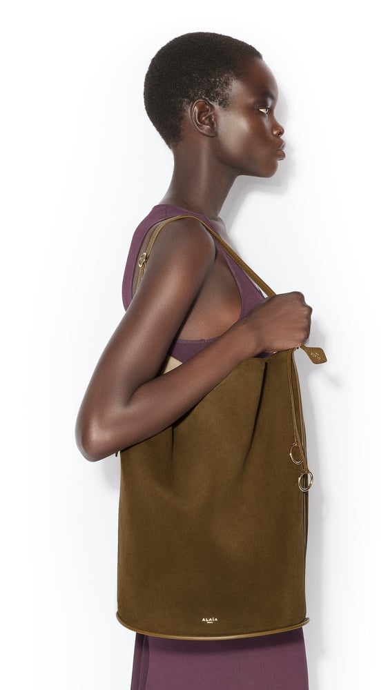 SAC HIP BUCKET LARGE BI-MATIÈRE EN CUIR
