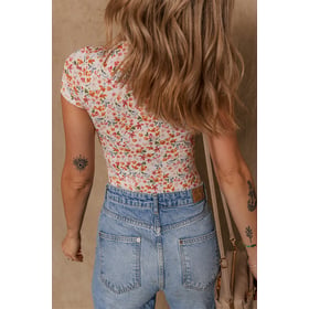 Short Sleeve Floral Ruched Sweetheart Bodysuit