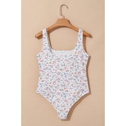 White Floral Square Neck Sleeveless Bodysuit