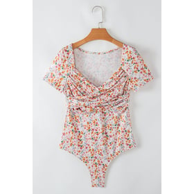 Short Sleeve Floral Ruched Sweetheart Bodysuit