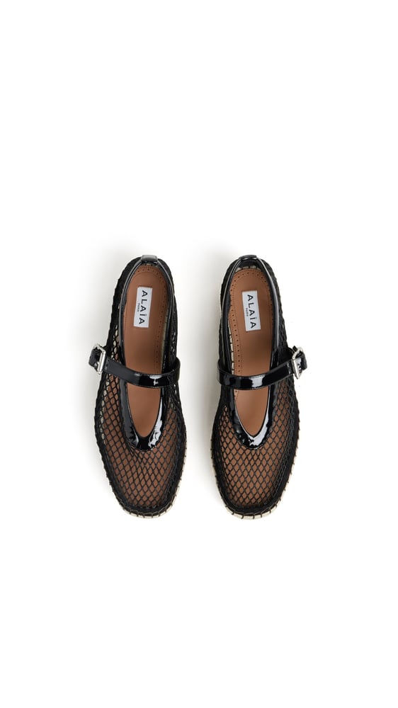 ESPADRILLES EN RÉSILLE ET CUIR VERNI