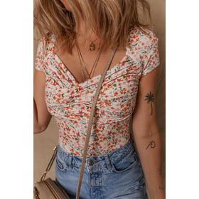 Short Sleeve Floral Ruched Sweetheart Bodysuit