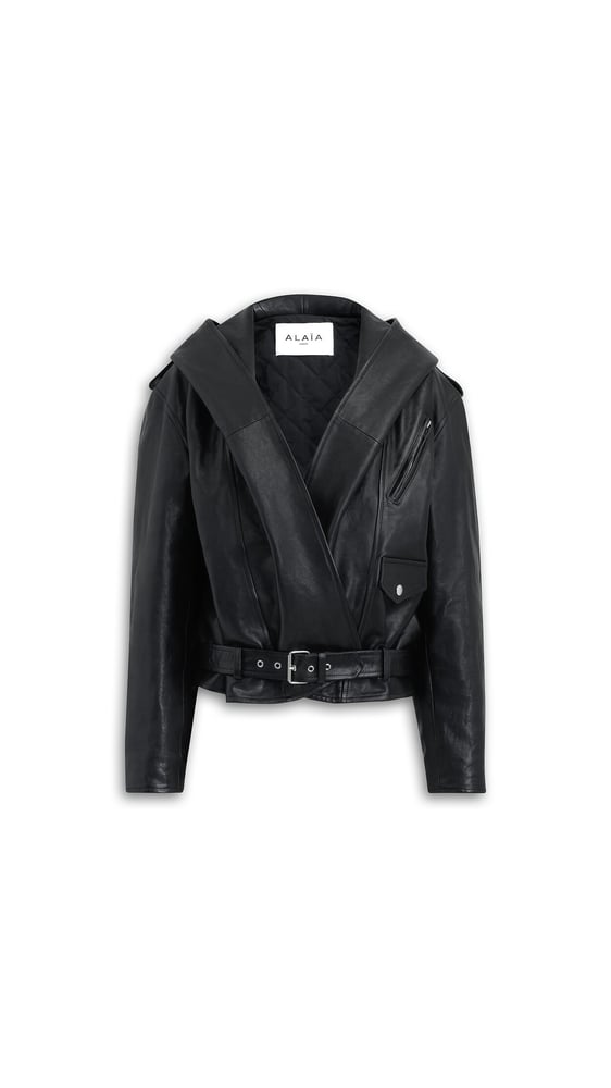 VESTE BIKER À CAPUCHE EN CUIR PATINÉ