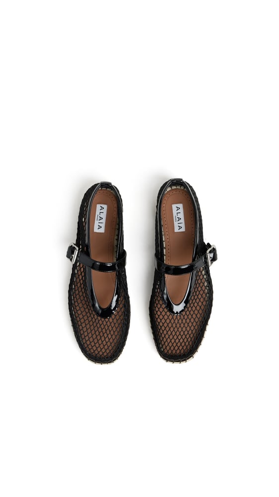 ESPADRILLES EN RÉSILLE ET CUIR VERNI