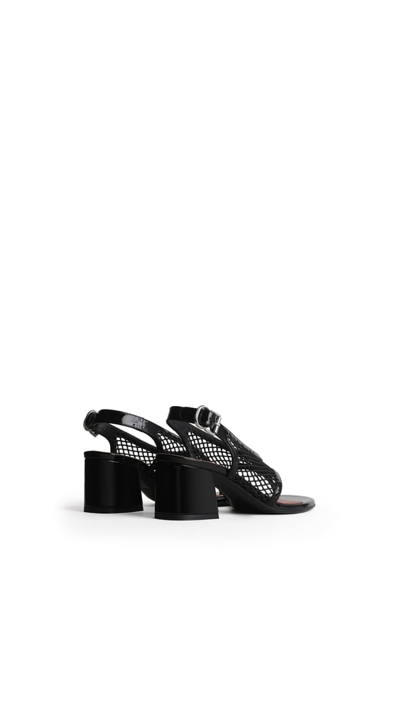 SANDALES À TALON EN RÉSILLE ET CUIR VERNI