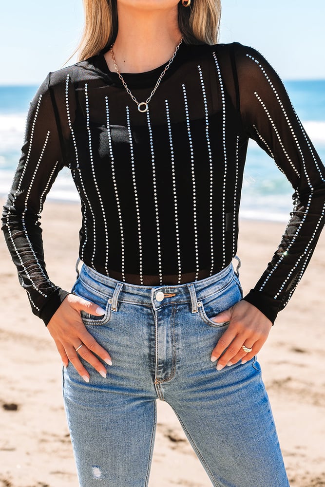 Decor Striped Mesh Long Sleeve Bodysuit