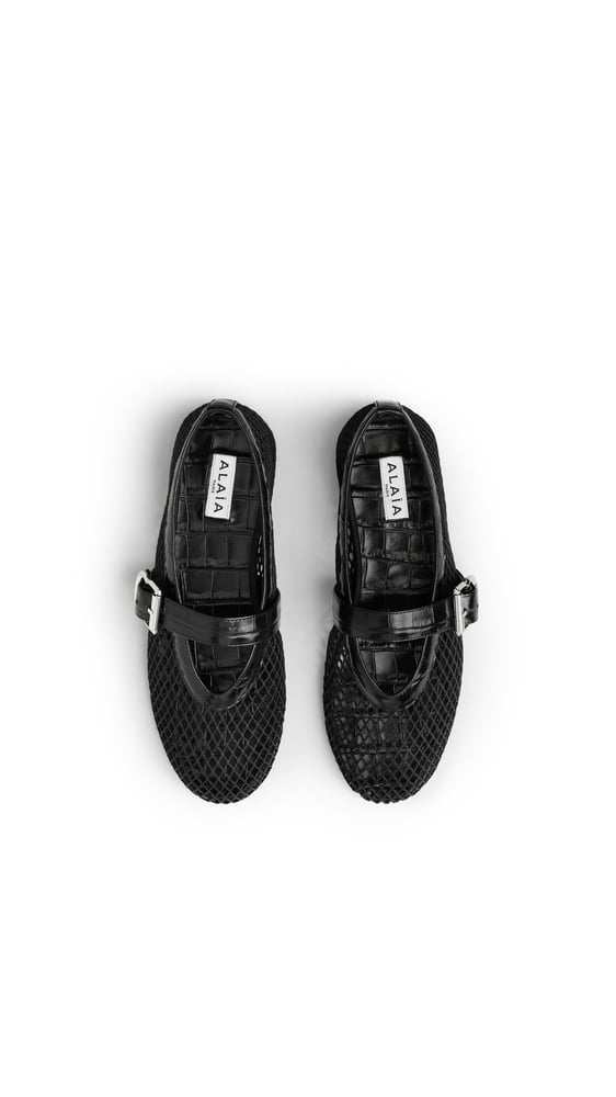 BALLERINES EN RÉSILLE ET CUIR EMBOSSÉ CROCODILE