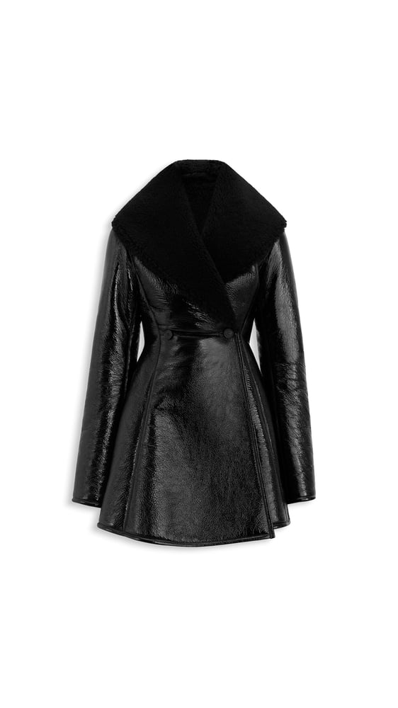 MANTEAU PRINCESSE EN CUIR VERNI ET SHEARLING