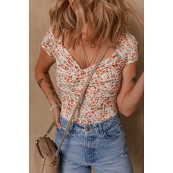 Short Sleeve Floral Ruched Sweetheart Bodysuit