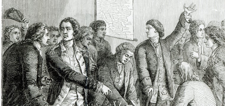 Engraving of the delegates of the Continental Congress signing the Declaration of Independence in 1776.