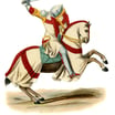 Knight Templar in full armor riding horseback, 14th-century style, lithograph 1861.