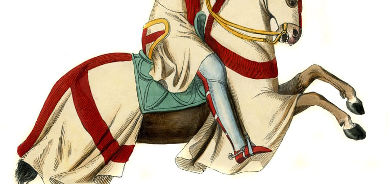 Knight Templar in full armor riding horseback, 14th-century style, lithograph 1861.