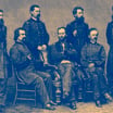 Blue-toned engraving of seven Union Army generals in uniform posed together in a formal group portrait during the American Civil War.