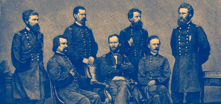 Blue-toned engraving of seven Union Army generals in uniform posed together in a formal group portrait during the American Civil War.