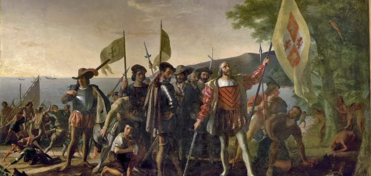 Painting depicting Christopher Columbus and his crew coming ashore in the New World, carrying banners and a Spanish royal standard, with ships anchored in the bay behind them.