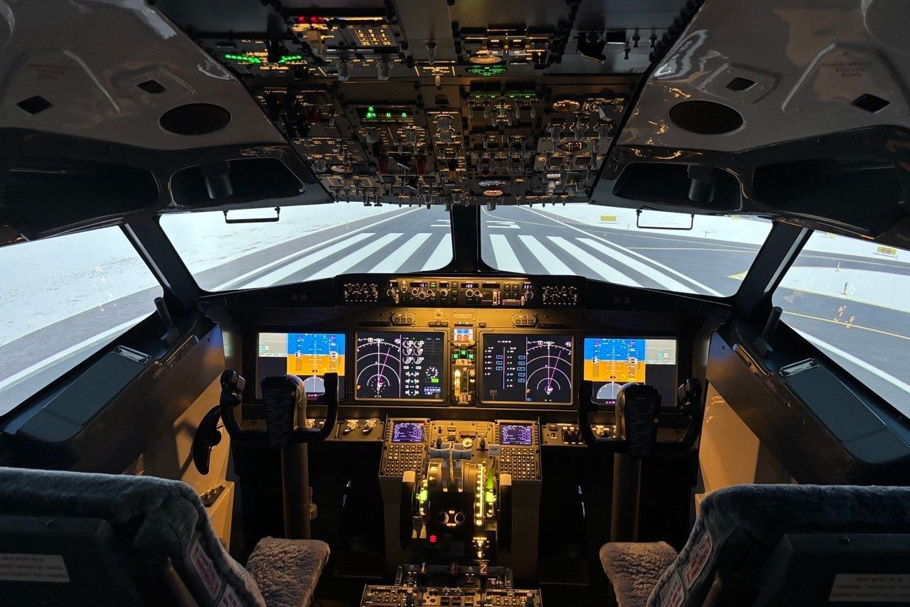Empty WeFly Boeing 737 MAX simulator cockpit