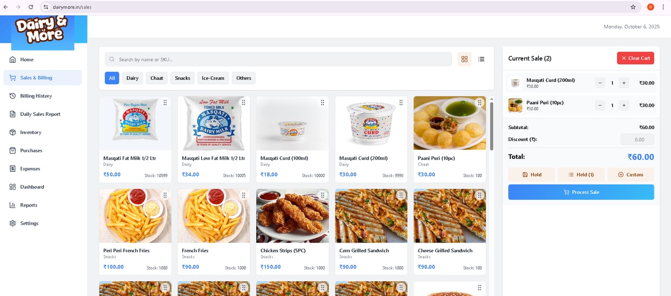 Complete POS dashboard Sales, Billing, Billing History, Daily Sales Report, Inventory, Purchases Expenses, Reports