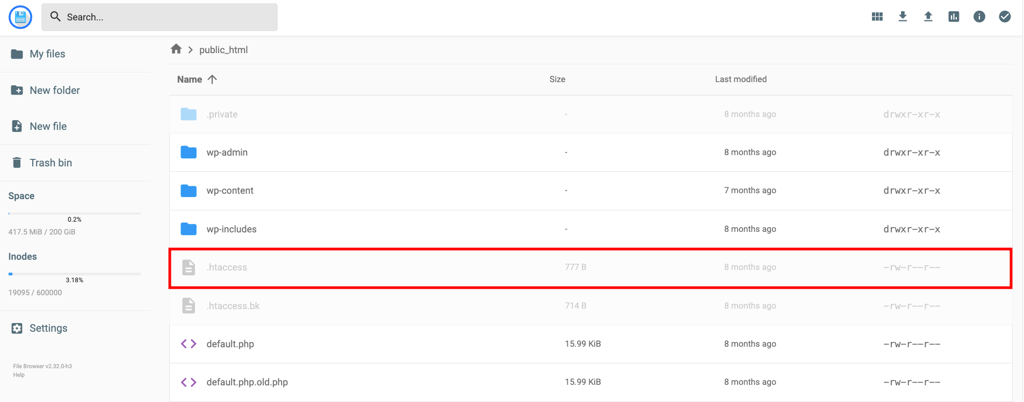 Hostinger's File manager interface, highlighting the .htaccess file