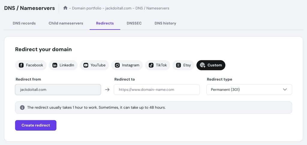 Domain forwarding section in hPanel, redirecting a domain not linked to any website