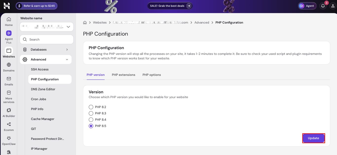 PHP Configuration screen in Hostinger Dashboard with PHP 8.5 selected and the Update button highlighted